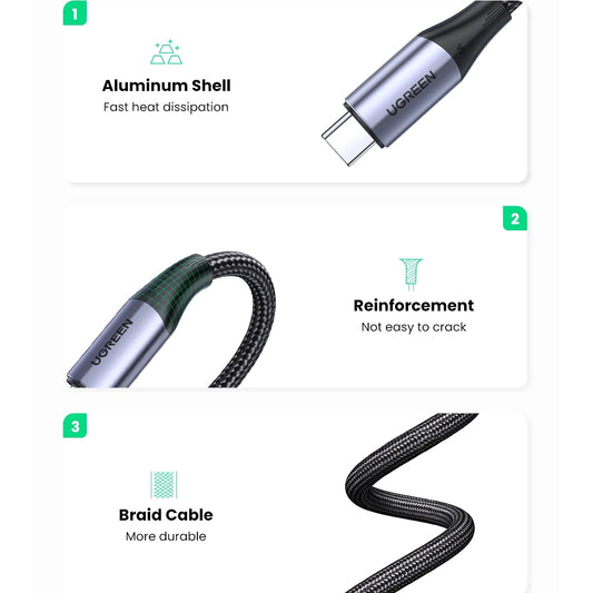 Cable de carga y datos USB-C - USB-C UGREEN US355, 100W, 1m, Negro