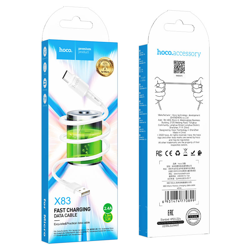 Cable de Datos y Carga USB-A - microUSB HOCO X83 Victory, 18W, 1m, Blanco