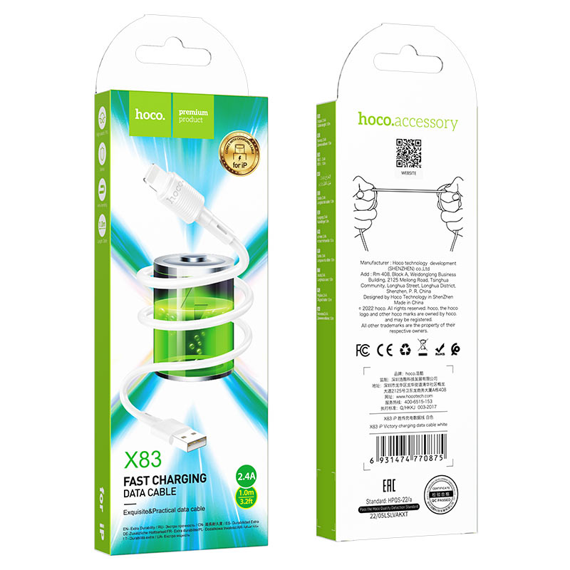 Cable de Datos y Carga USB-A - Lightning HOCO X83 Victory, 18W, 1m, Blanco