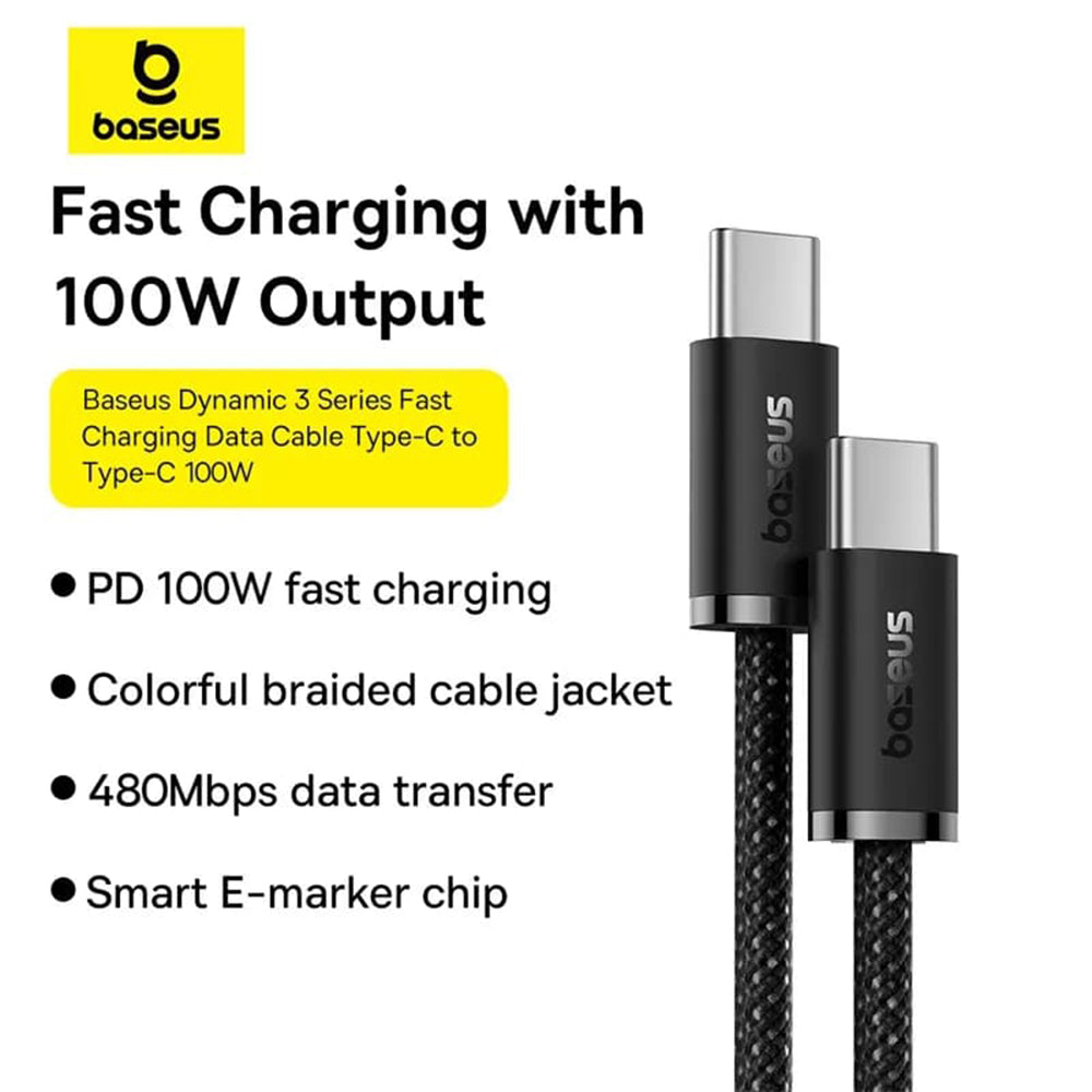 Cable de carga y datos USB-C - USB-C Baseus Dynamic Serie 3, 100W, 2m, Negro P10367000111-01