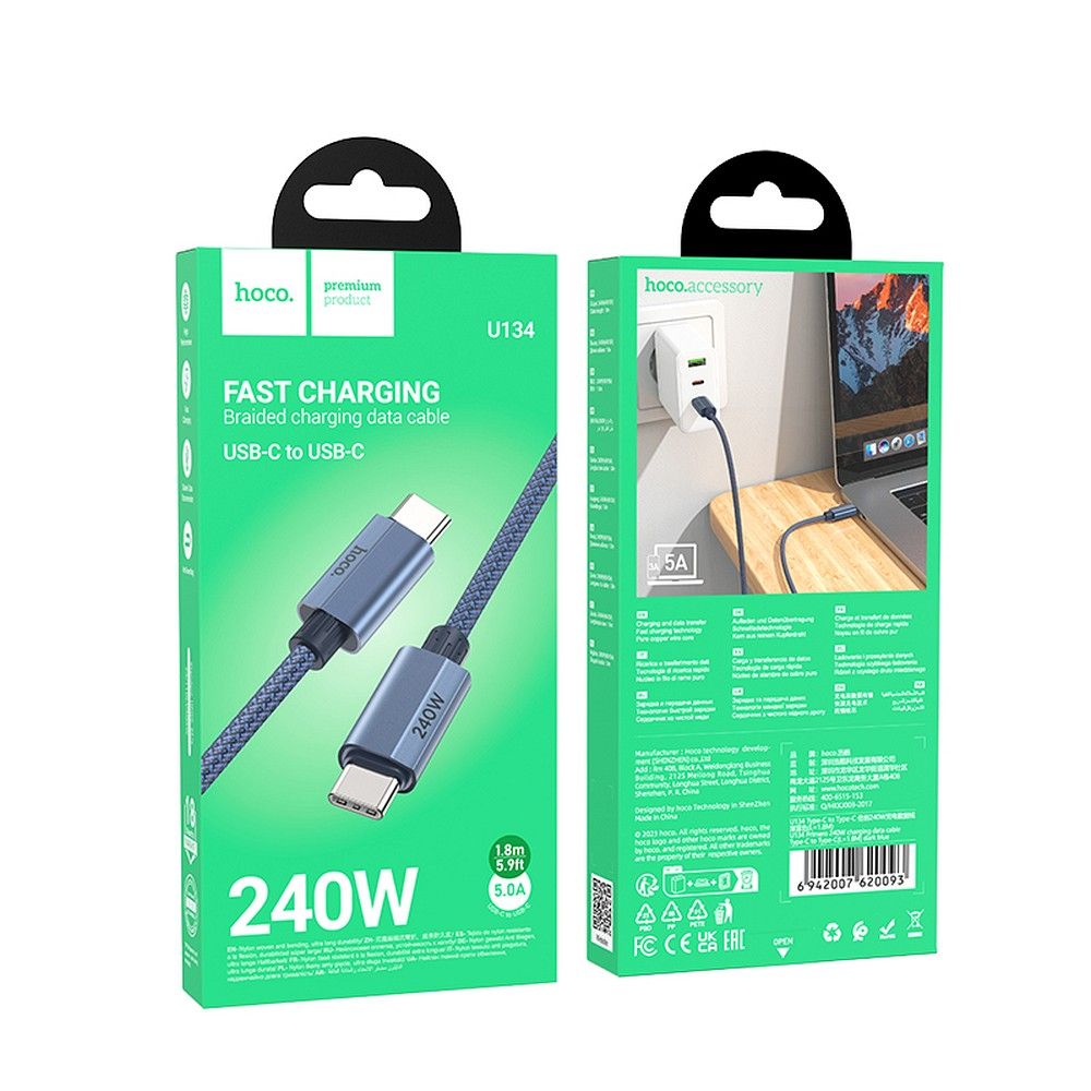 Cable de Datos y Carga USB-C - USB-C HOCO U134, 240W, 1.8m, Gris