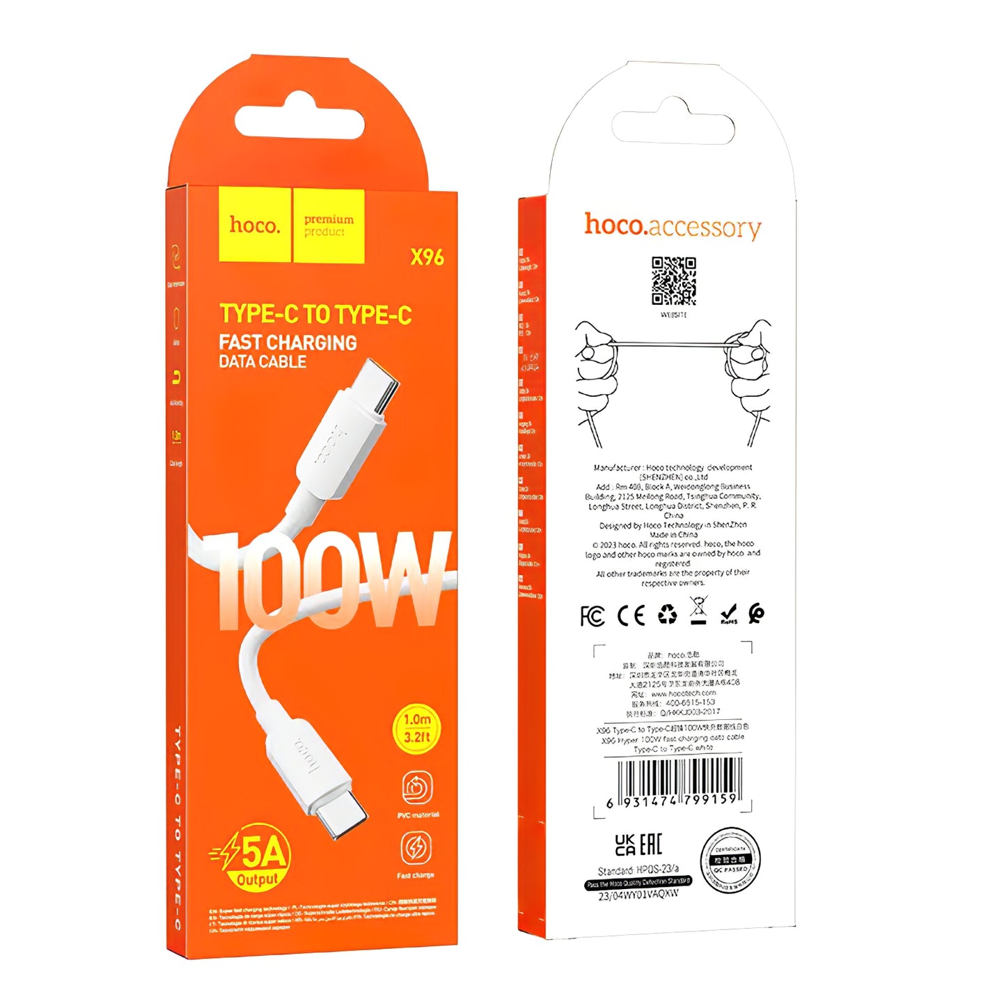 Cable de Datos y Carga USB-C - USB-C HOCO X96, 100W, 1m, Blanco