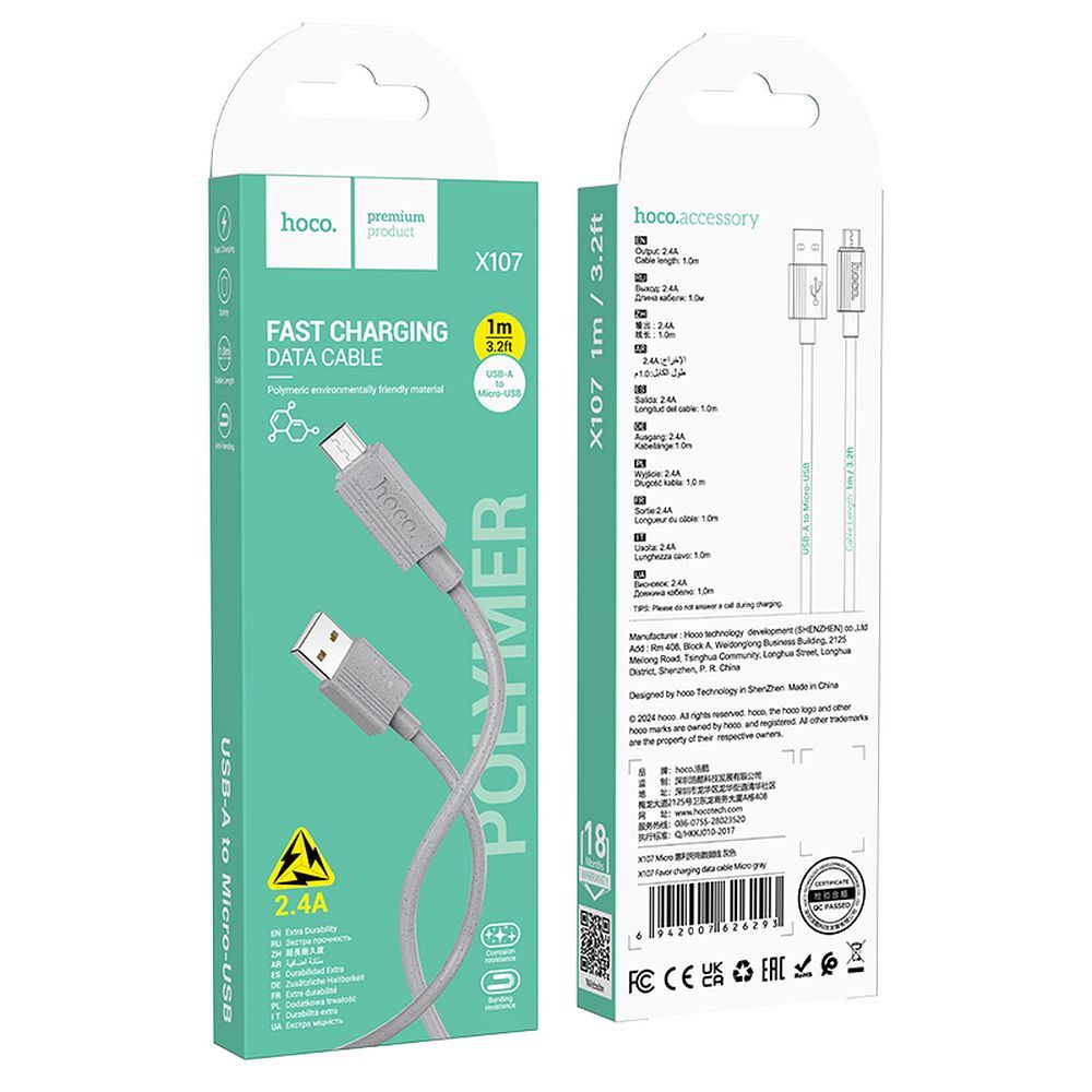 Cable de Datos y Carga USB-A - microUSB HOCO X107, 18W, 1m, Gris