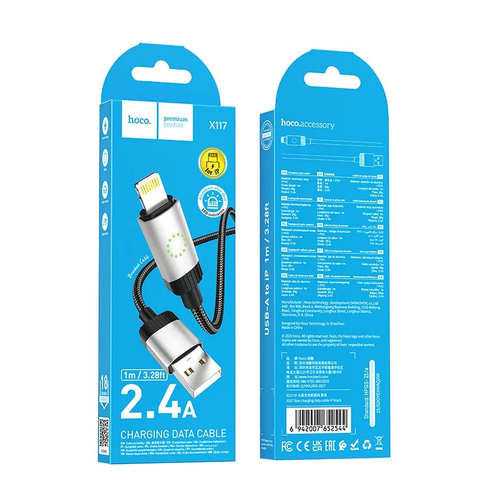 Cable de Datos y Carga USB-A - Lightning HOCO X117, 18W, 1m, Negro