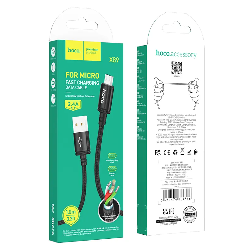 Cable de Datos y Carga USB-A - microUSB HOCO X89, 18W, 1m, Negro