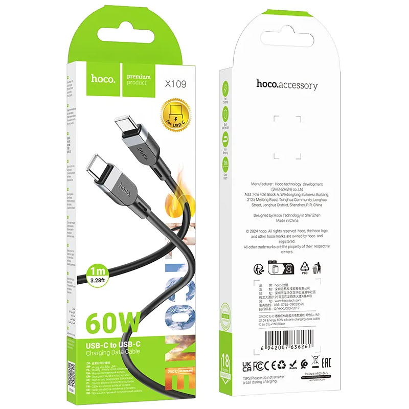 Cable de Datos y Carga USB-C - USB-C HOCO X109, 60W, 1m, Negro