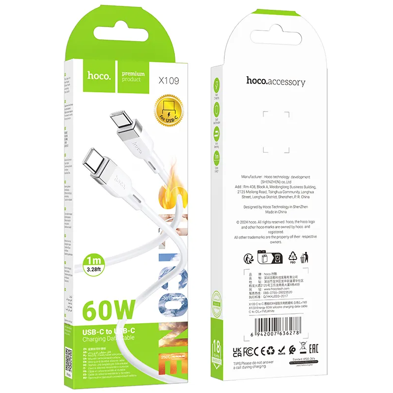 Cable de Datos y Carga USB-C - USB-C HOCO X109, 60W, 1m, Blanco