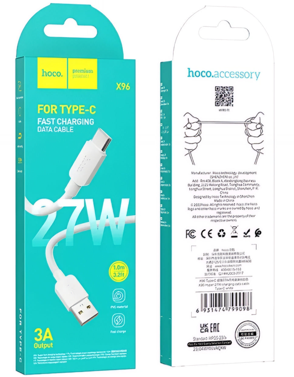 Cable de Datos y Carga USB-A - USB-C HOCO X96, 27W, 1m, Blanco