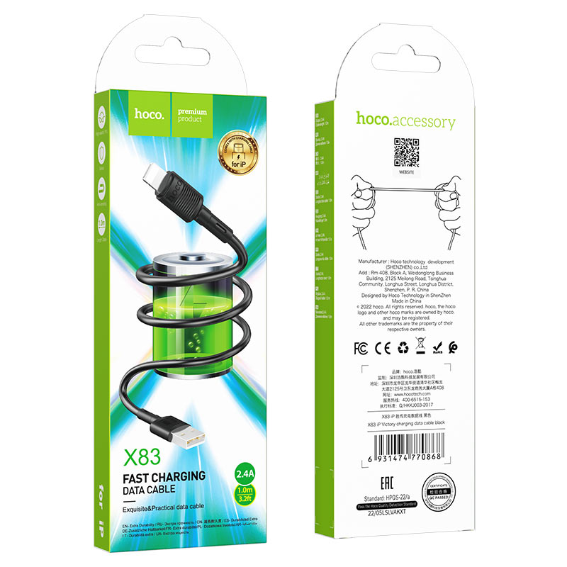Cable de Datos y Carga USB-A - Lightning HOCO X83 Victory, 18W, 1m, Negro