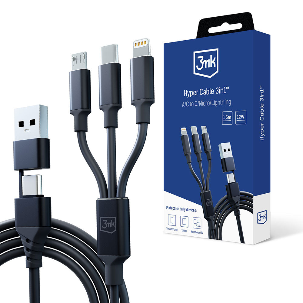 Cable de Carga USB-A / USB-C - Lightning / microUSB / USB-C 3MK Hyper 3in1, 12W, 1.5m, Negro
