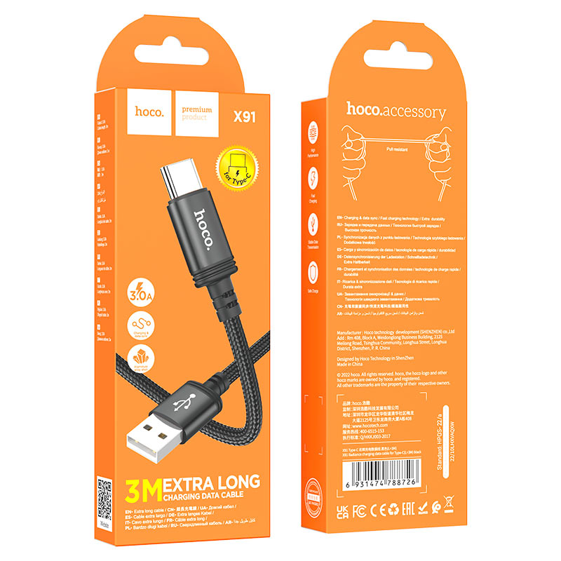 Cable de Datos y Carga USB-A - USB-C HOCO X91, 18W, 3m, Negro