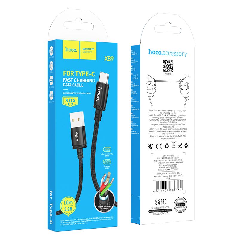 Cable de Datos y Carga USB-A - USB-C HOCO X89, 18W, 1m, Negro