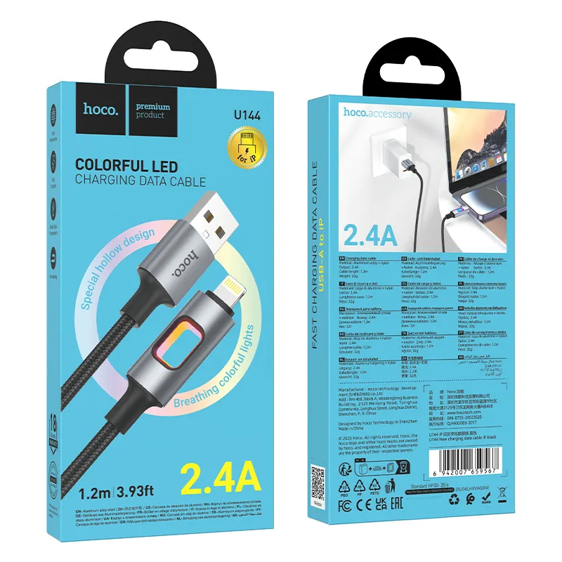 Cable de Datos y Carga USB-A - Lightning HOCO U144 Led, 18W, 1.2m, Negro