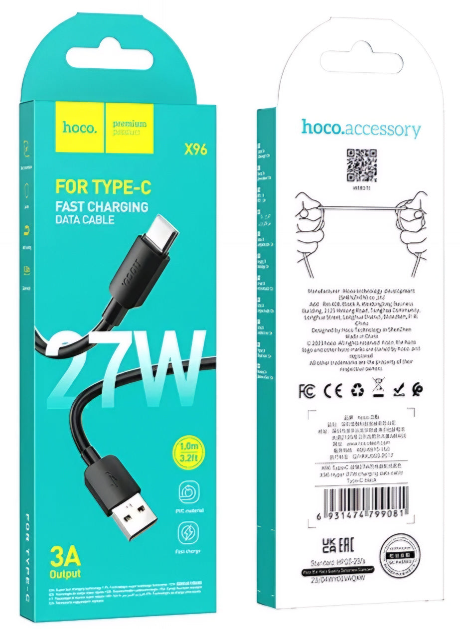 Cable de Datos y Carga USB-A - USB-C HOCO X96, 27W, 1m, Negro