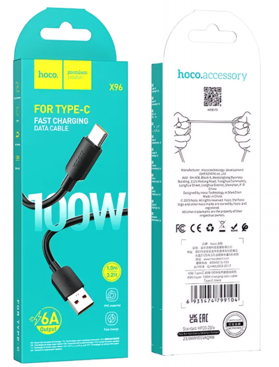 Cable de datos y carga USB-A - USB-C HOCO X96, 100W, 1m, Negro