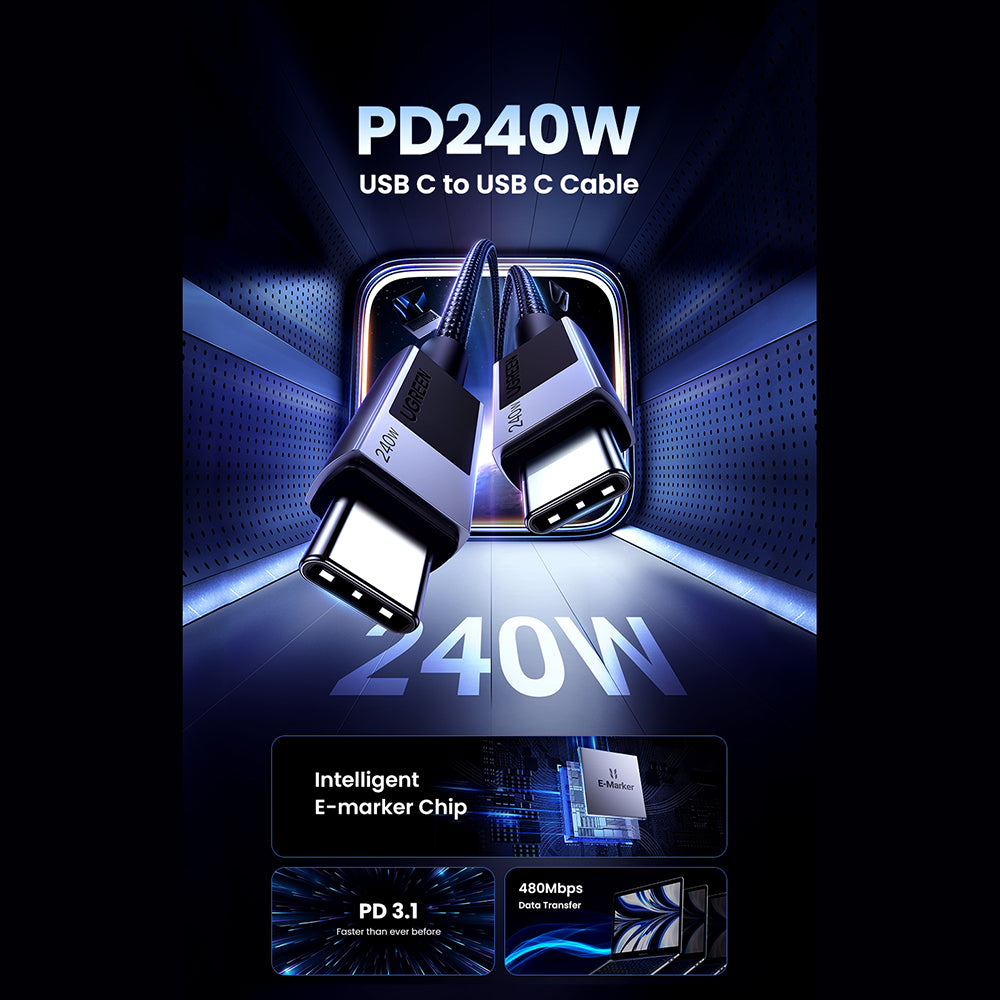 Cable de Datos y Carga USB-C - USB-C UGREEN L513, 240W, 2m, Negro