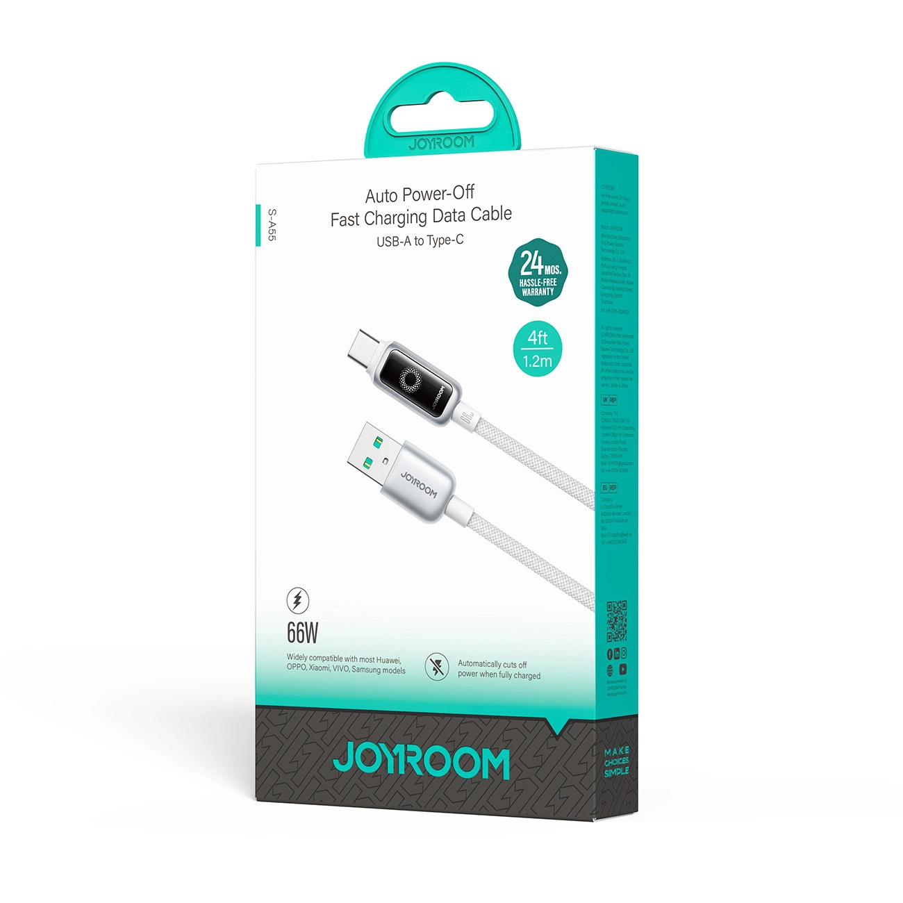 Cable de Datos y Carga USB-A - USB-C Joyroom S-A55 StarFlight Display, 66W, 1.2m, Blanco
