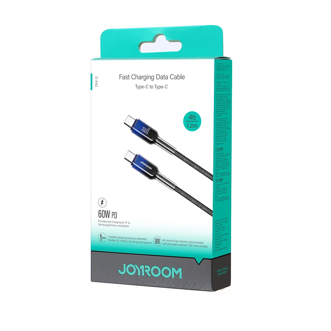Cable de Datos y Carga USB-C - USB-C Joyroom S-A42, 60W, 1.2m, Negro