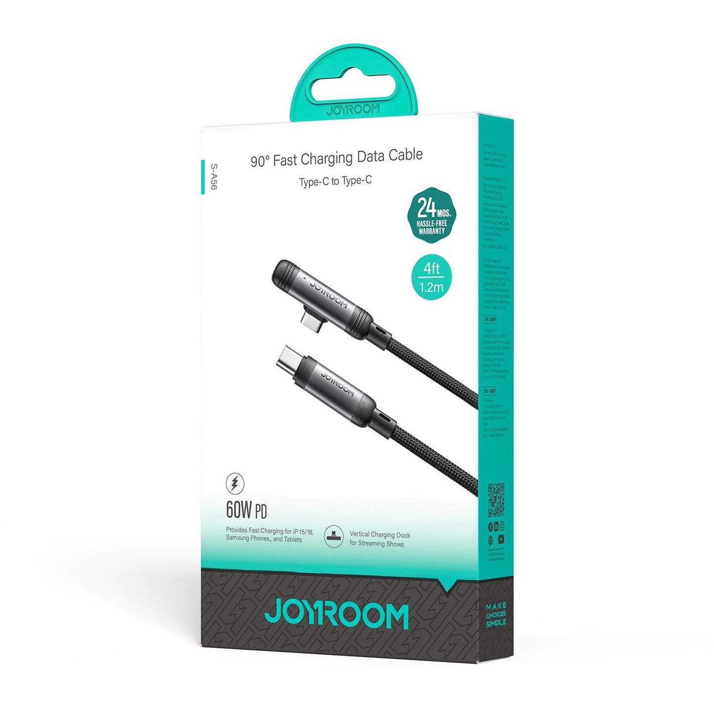 Cable de Datos y Carga USB-C - USB-C Joyroom S-A56 EnjoyX Angled, 60W, 1.2m, Negro
