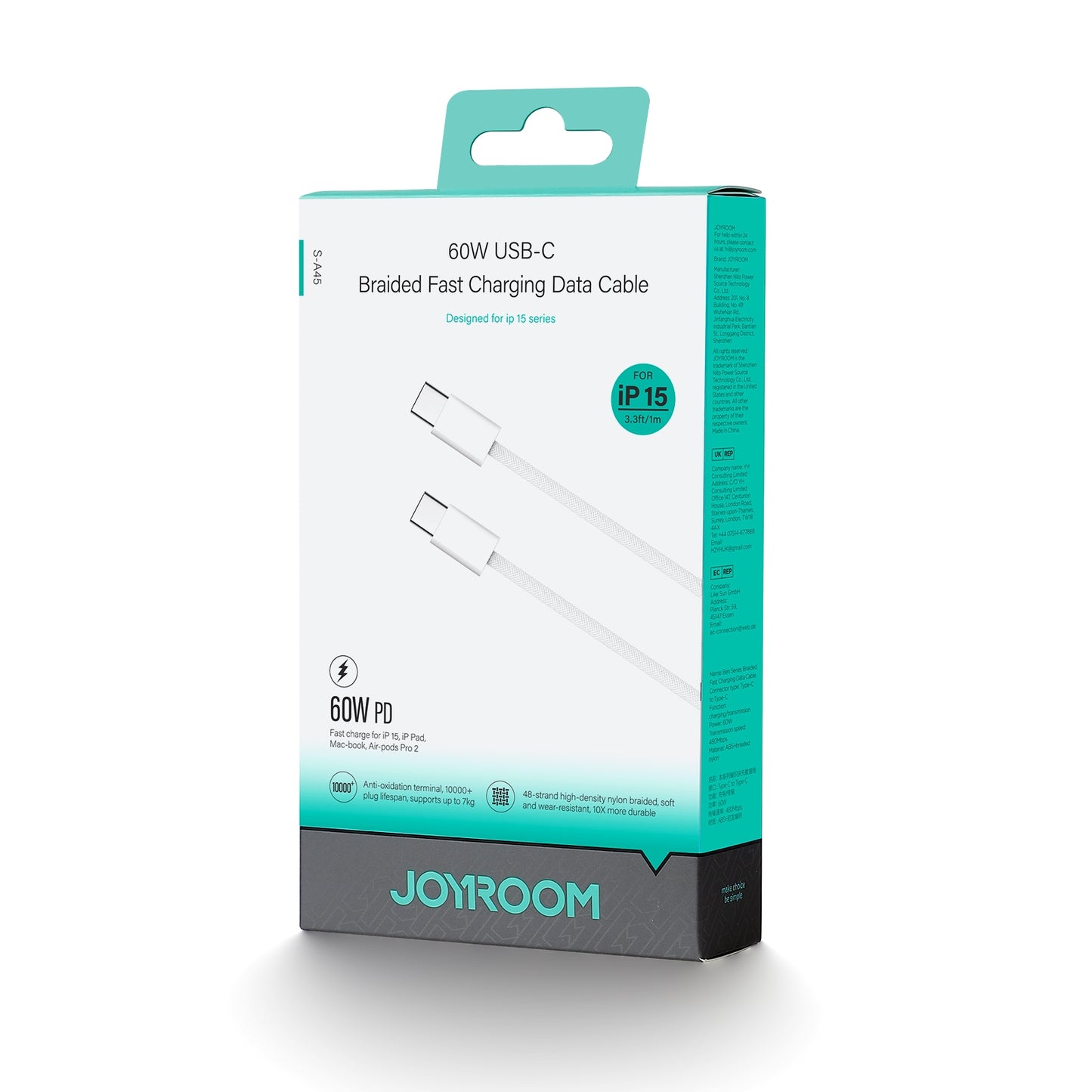 Cable de carga y datos USB-C - USB-C Joyroom S-A45, 60W, 1m, Blanco
