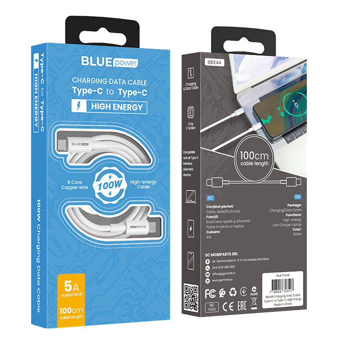 Cable de Datos y Carga USB-C - USB-C BLUE Power BBX44, 100W, 1m, Blanco