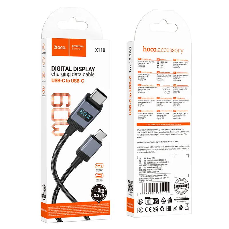 Cable de Datos y Carga USB-C - USB-C HOCO X118 Display, 60W, 1m, Negro