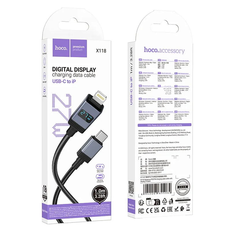 Cable de Datos y Carga USB-C - Lightning HOCO X118 Display, 27W, 1m, Negro