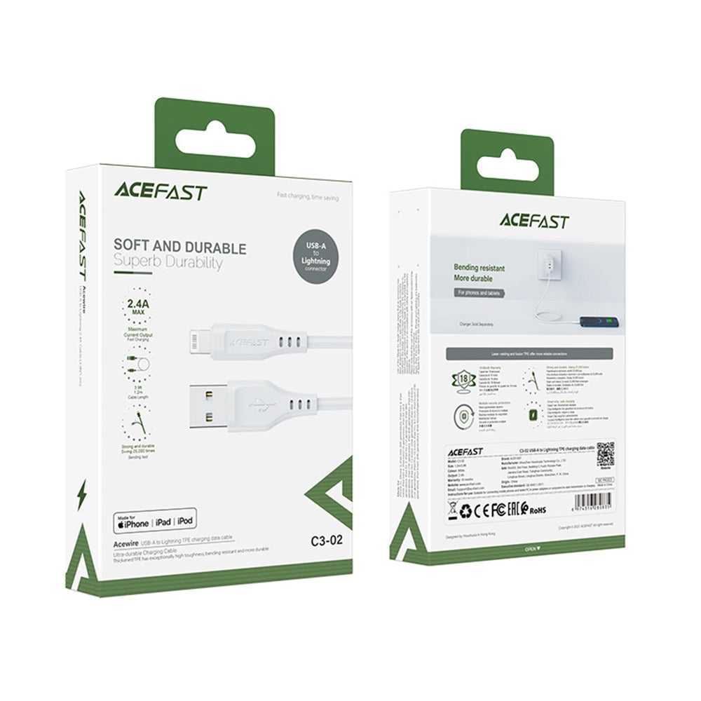 Cable de Datos y Carga USB-A - Lightning Acefast C3-02, 18W, 1.2m, Blanco