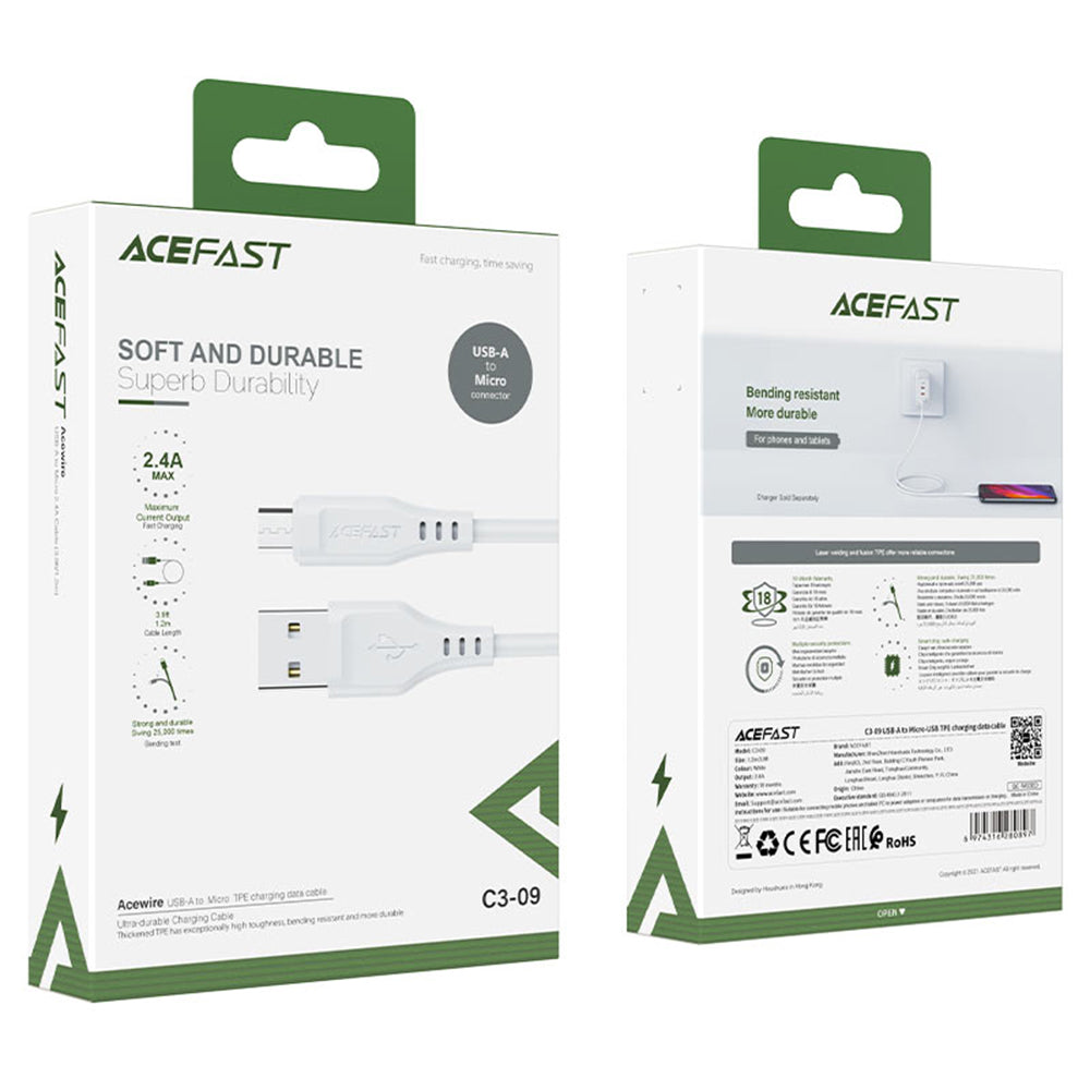 Cable de Datos y Carga USB-A - microUSB Acefast C3-09, 18W, 1.2m, Blanco