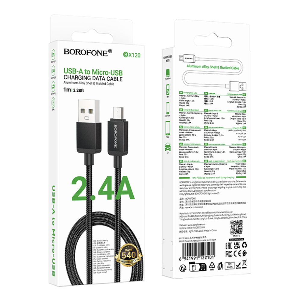 Cable de Datos y Carga USB-A - microUSB Borofone BX120 Placer, 18W, 1m, Negro