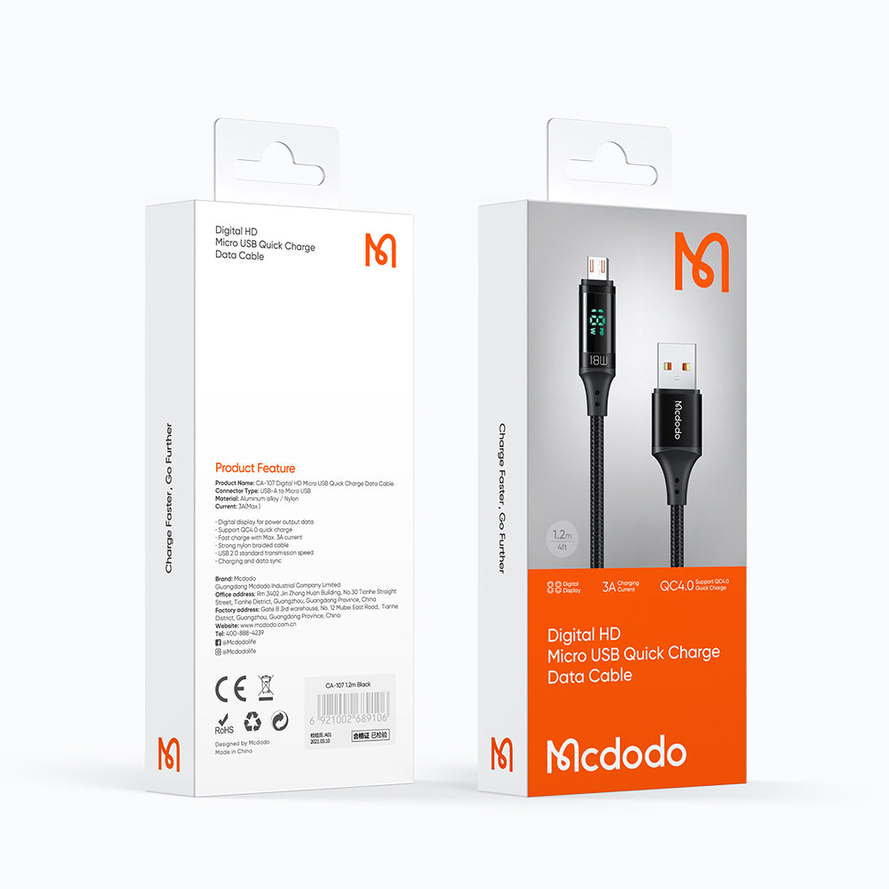 Cable de Datos y Carga USB-A - microUSB McDodo CA-1070 Display, 18W, 1.2m, Negro