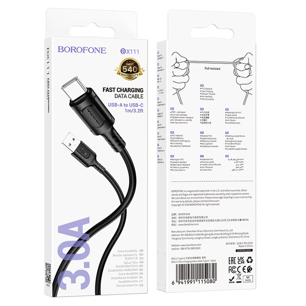 Cable de Datos y Carga USB-A - USB-C Borofone BX111 Feliz, 20W, 1m, Negro