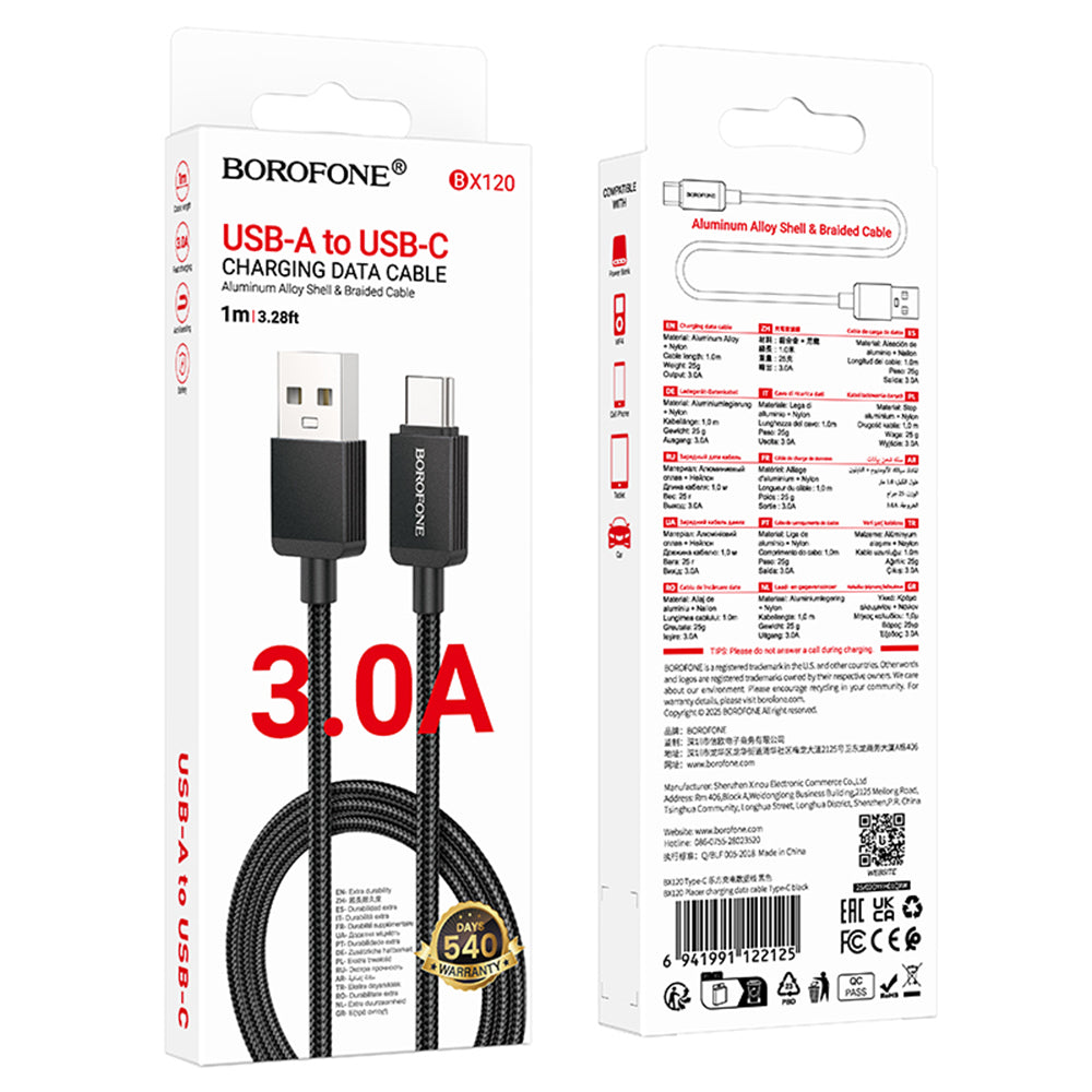 Cable de Datos y Carga USB-A - USB-C Borofone BX120 Placer, 18W, 1m, Negro