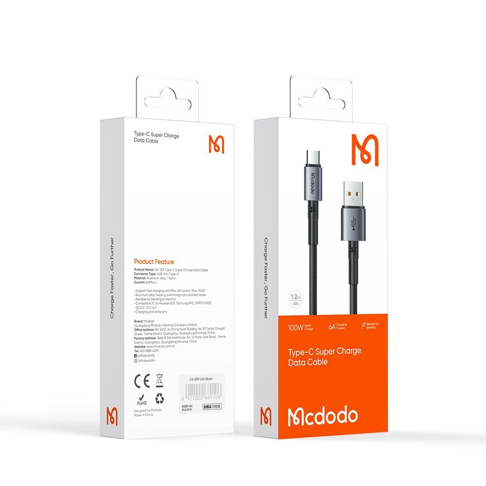 Cable de Datos y Carga USB-A - USB-C McDodo CA-3590, 100W, 1.2m, Negro