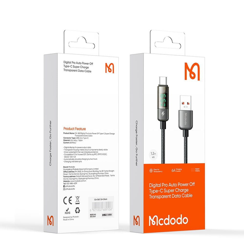 USB-A to USB-C McDodo CA-3630 Data and Charging Cable with Auto Power Off Display, 66W, 1.2m, Black