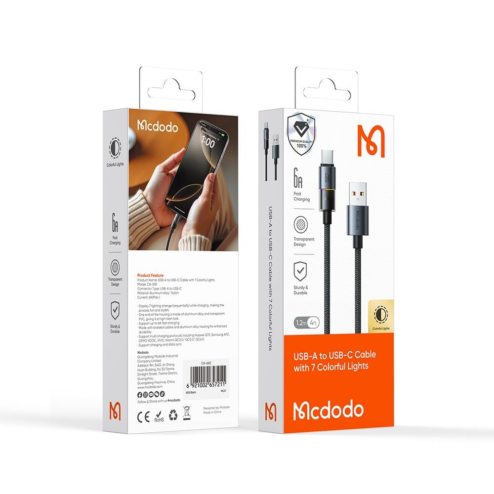 Cable de Datos y Carga USB-A - USB-C McDodo CA-8180 Colorful, 66W, 1.2m, Negro