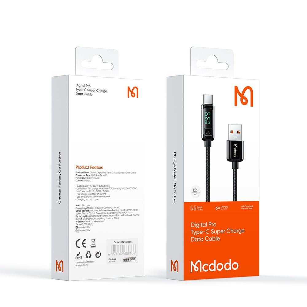 Cable de Datos y Carga USB-A - USB-C McDodo CA-8690 Display, 66W, 1.2m, Negro