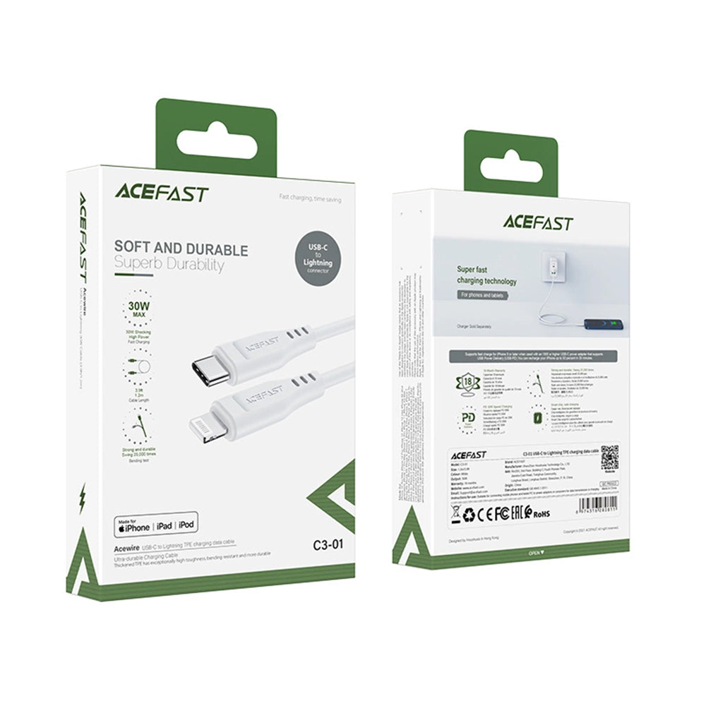 Cable de Datos y Carga USB-C - Lightning Acefast C3-01, 30W, 1.2m, Blanco