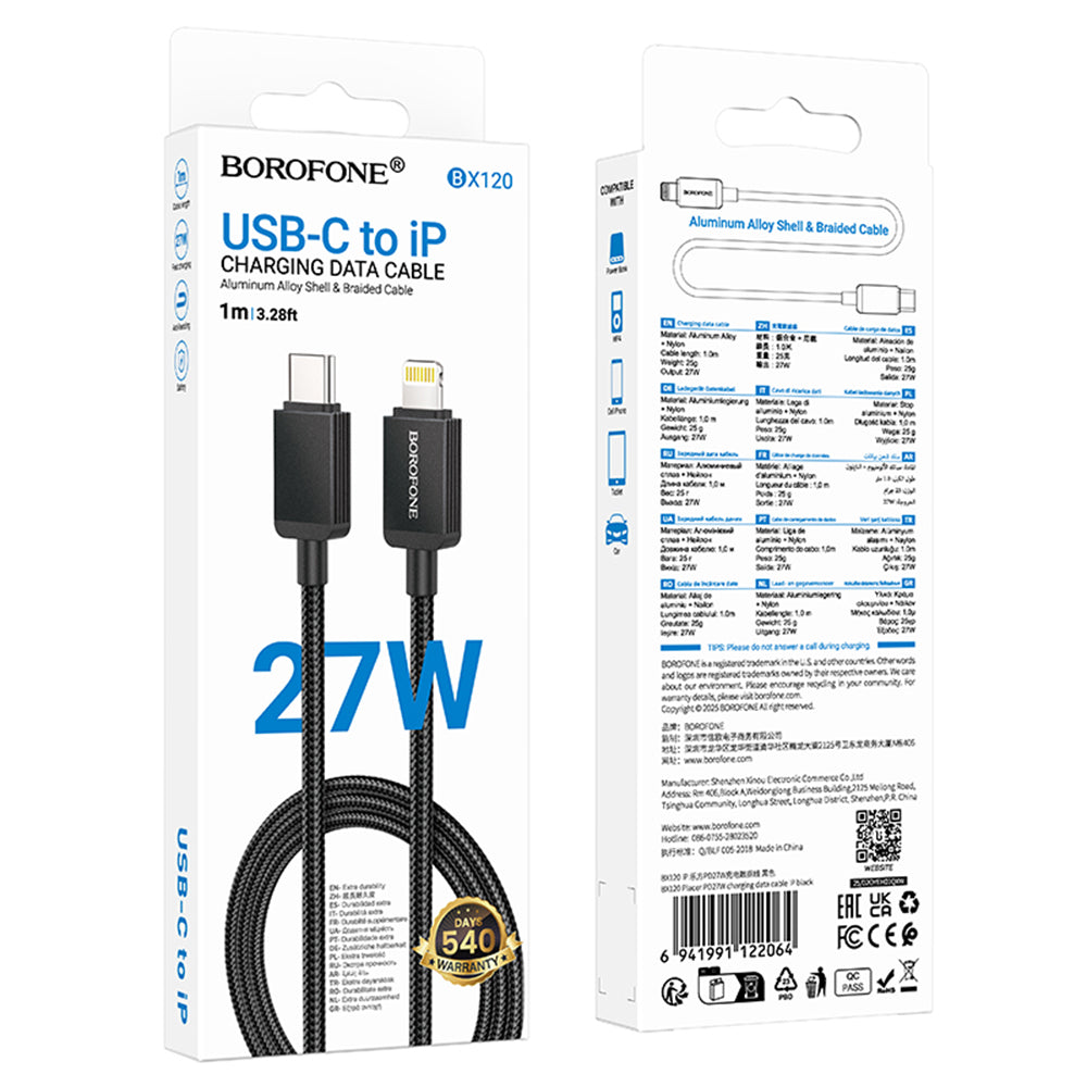 Cable de Datos y Carga USB-C - Lightning Borofone BX120 Placer, 27W, 1m, Negro