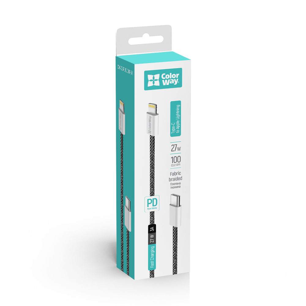 USB-C to Lightning Data and Charging Cable ColorWay CW-CBPDCL061, 27W, 1m, Black