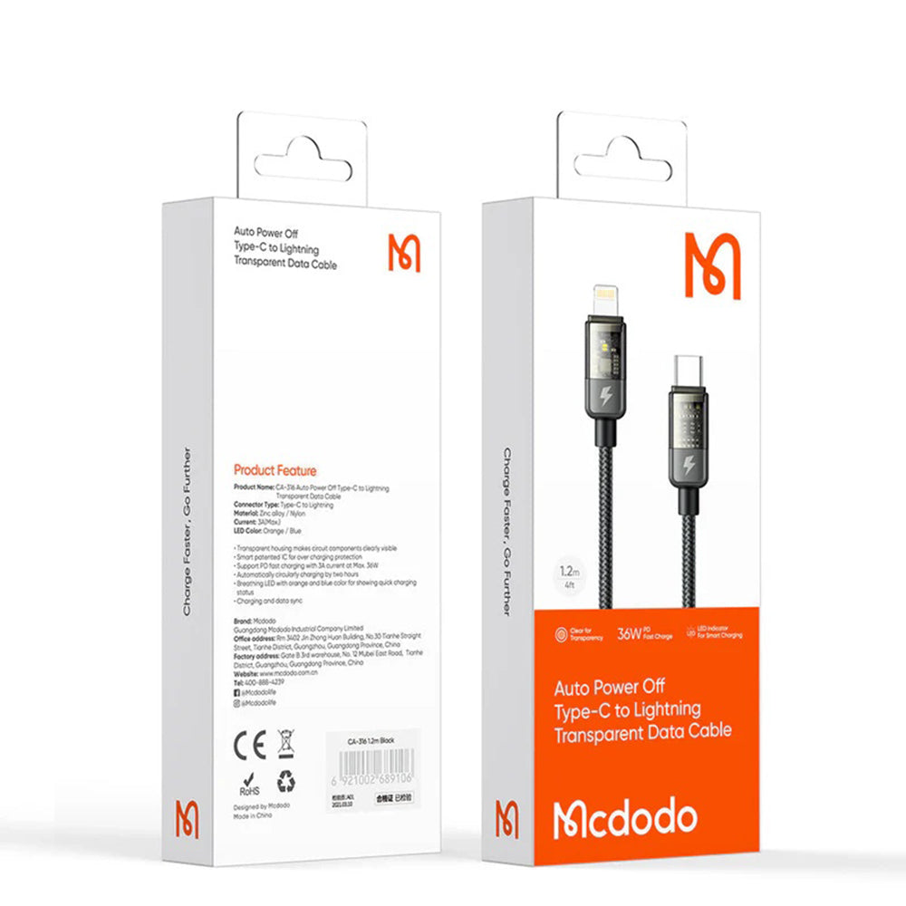 Cable de Datos y Carga USB-C - Lightning McDodo CA-3160 Auto Power Off, 36W, 1.2m, Negro