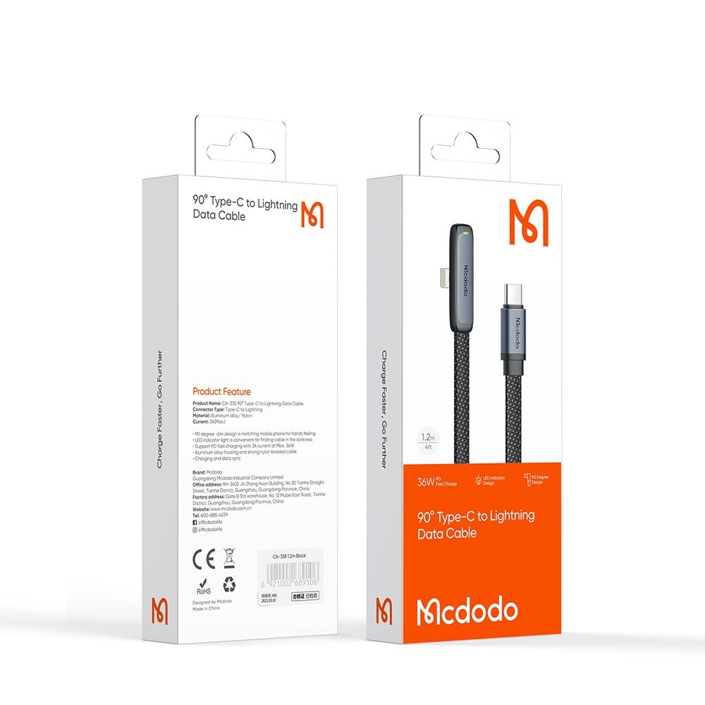 Cable de Datos y Carga USB-C - Lightning McDodo CA-3350 Angled, 36W, 1.2m, Negro