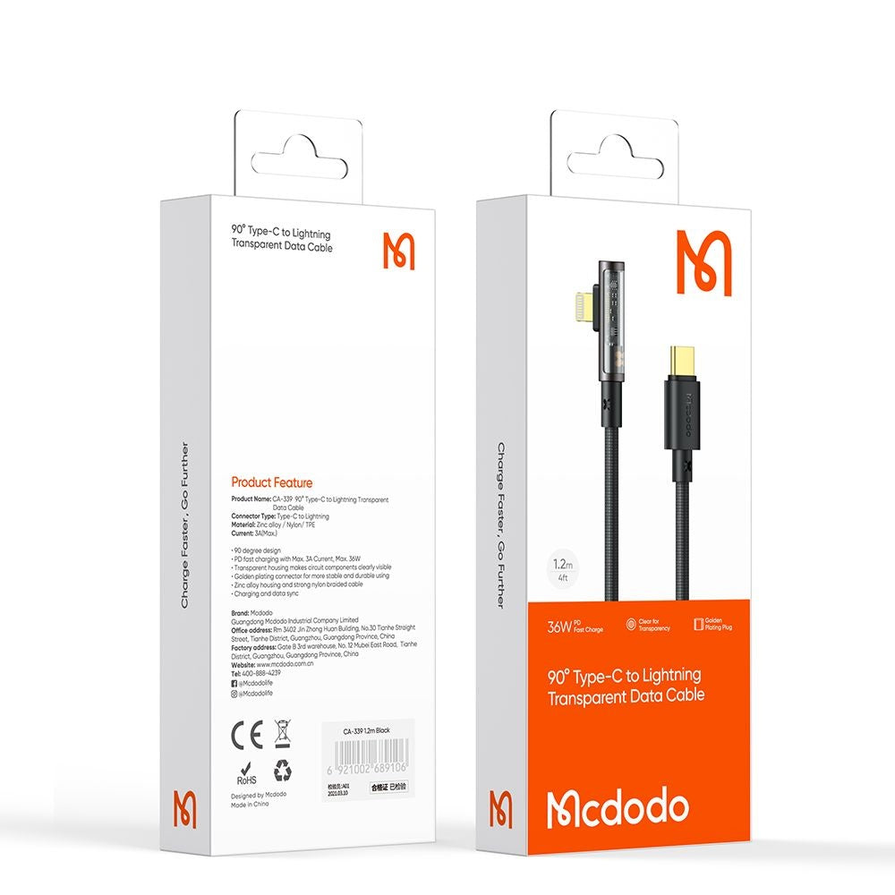 Cable de Datos y Carga USB-C - Lightning McDodo CA-3390 Angled, 36W, 1.2m, Negro