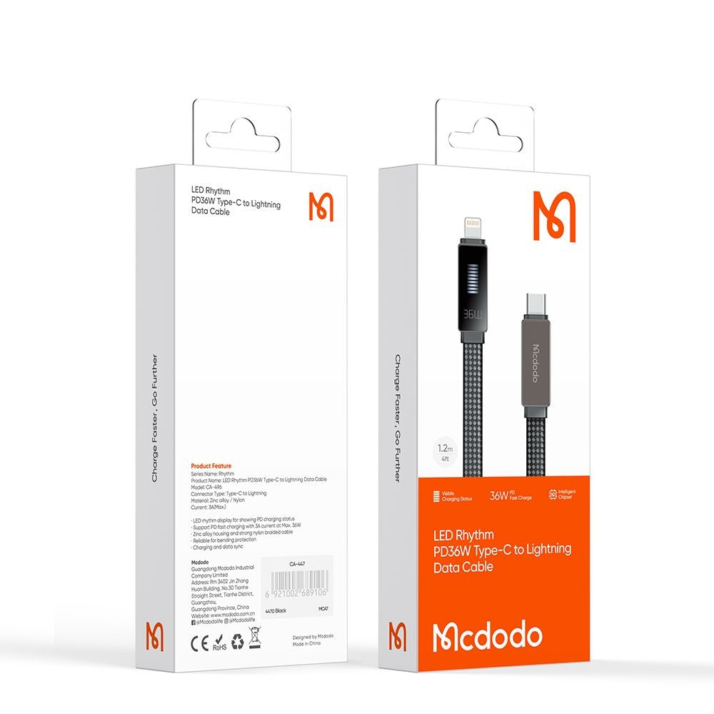 Cable de Datos y Carga USB-C - Lightning McDodo CA-4960 Rythm Display, 36W, 1.2m, Negro