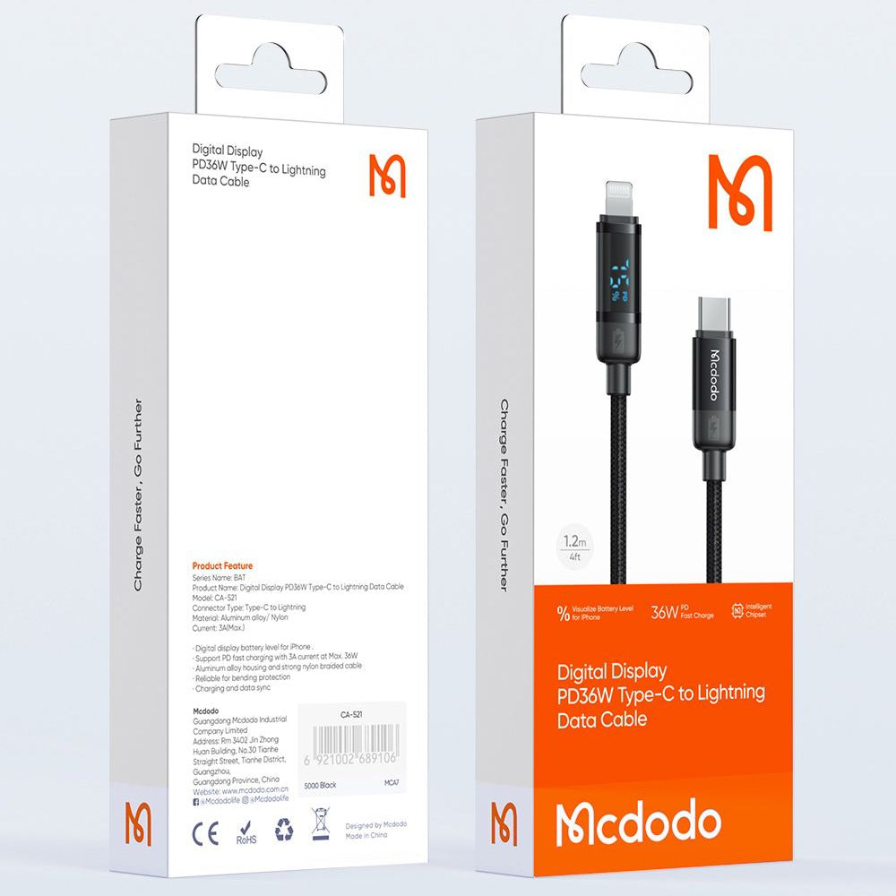 Cable de Datos y Carga USB-C - Lightning McDodo CA-5210 Bat Display, 36W, 1.2m, Negro