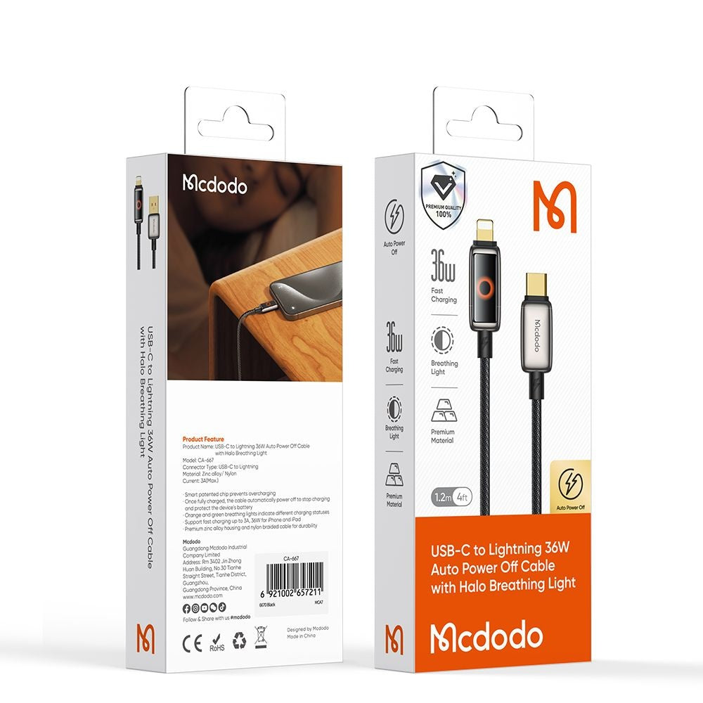 Cable de Datos y Carga USB-C - Lightning McDodo CA-6670 Auto Power Off, 36W, 1.2m, Negro