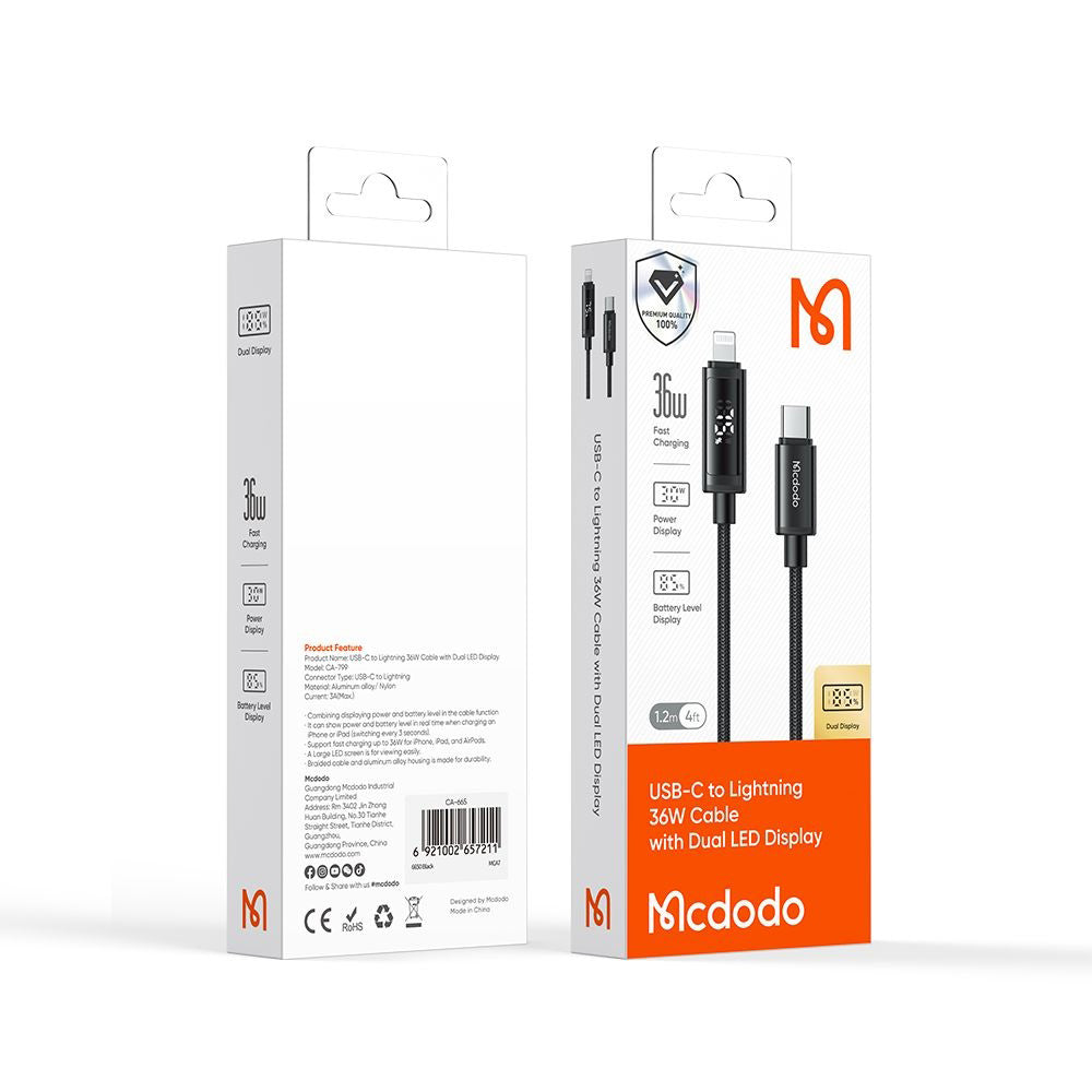 Cable de Datos y Carga USB-C - Lightning McDodo CA-7990 Display, 36W, 1.2m, Negro
