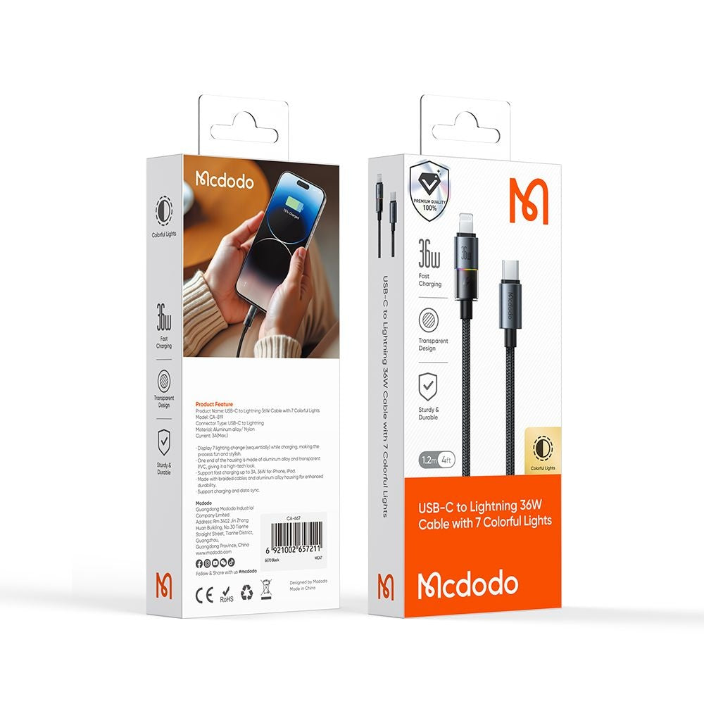 Cable de Datos y Carga USB-C - Lightning McDodo CA-8190 Colorful, 36W, 1.2m, Negro