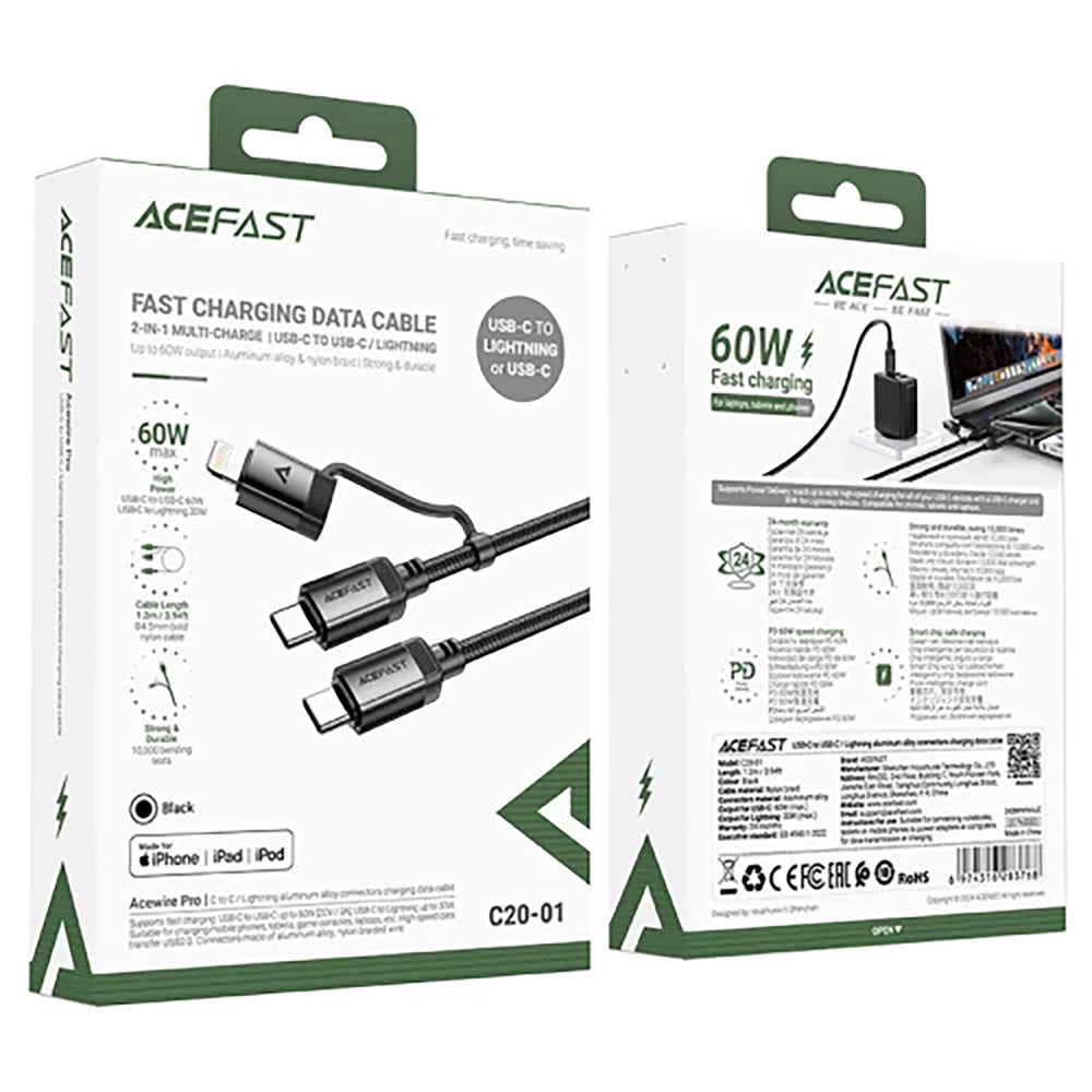 Cable de Datos y Carga USB-C - Lightning / USB-C Acefast C20-01, 60W, 1.2m, Negro