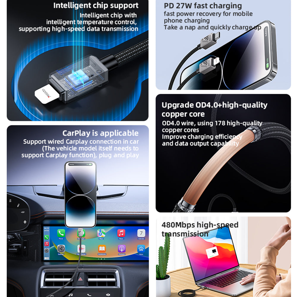 Cable de Datos y Carga USB-C - Lightning Yesido CA195, 27W, 1.2m, Negro